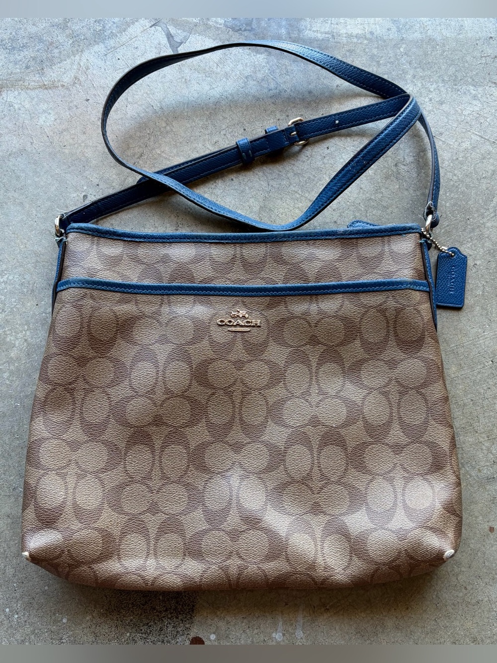 Coach Signature Crossbody Bag in Brown with Blue Trim